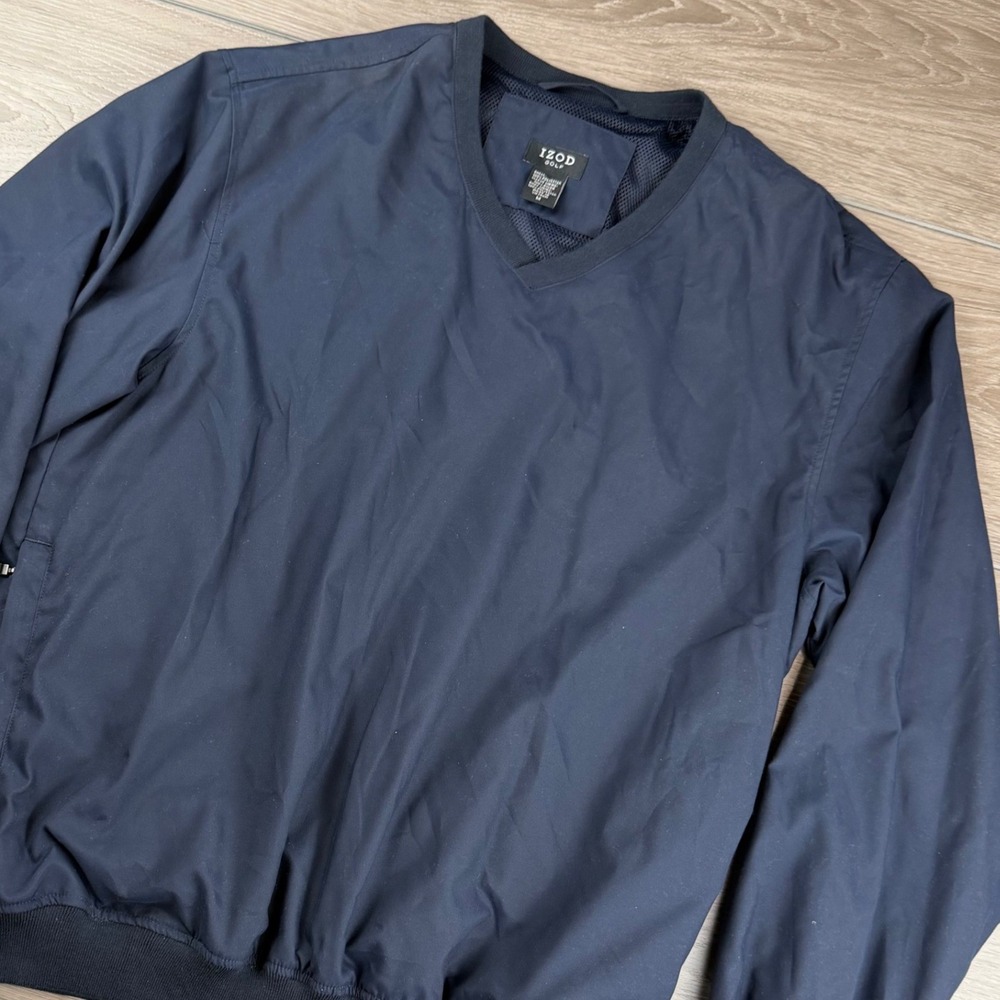 IZOD Mens Golf Windbreaker Pullover V-Neck Water Resistant Navy Blue Medium